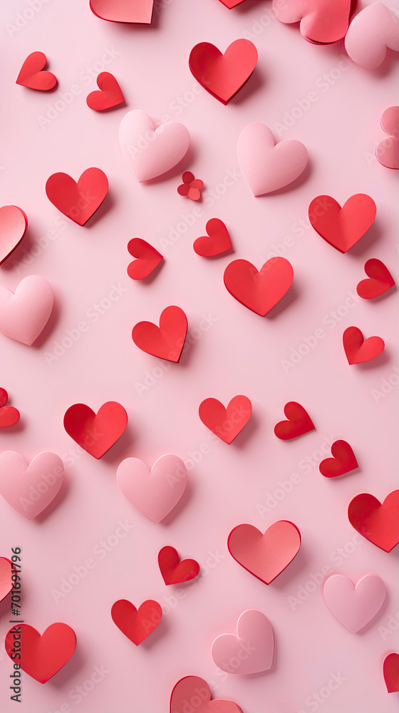 Flat lay paper cut red hearts on pastel pink background. Valentines Day, Mothers Day anniversary