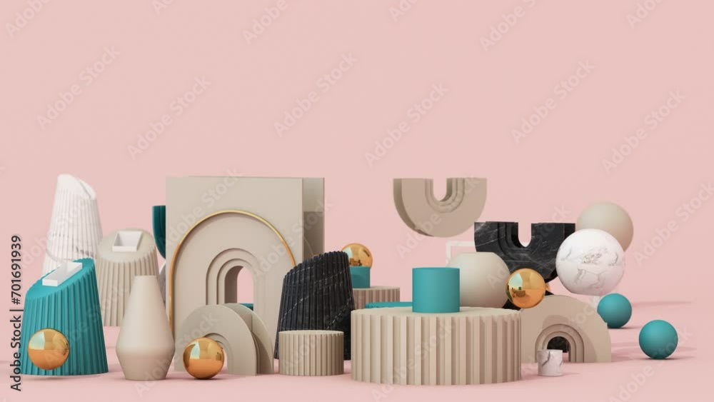 3d render animated background of geometric shapes that slowly move and rotate in a continuous loop. pastel colorful on pink background for product stand of present content.