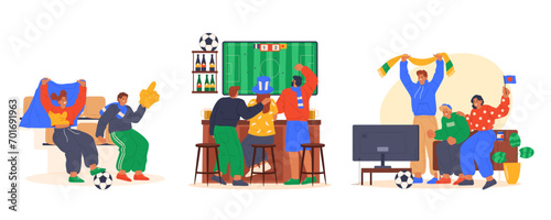 Set of isolated vector image of soccer fan cheering. Company watch football at pub or bar, home with tv or outdoor at stadium. Goal celebration and company cheer for team or club. Sport ball game