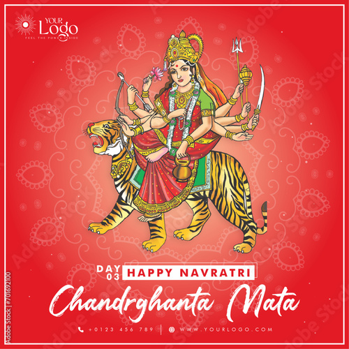 Happy Navratri Day wise post templates design Day 3 -Chandaghanta Mata photo