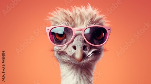 imaginative animal idea. Ostrich bird wearing sunglasses, isolated on a solid pastel background, editorial or commercial advertisement © kashif 2158