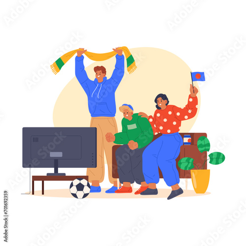 People watch soccer on tv at home flat vector. Illustration of fans cheer for football team. Friends with scarf and flag watching competition match. Group celebration of sport event. Interior view