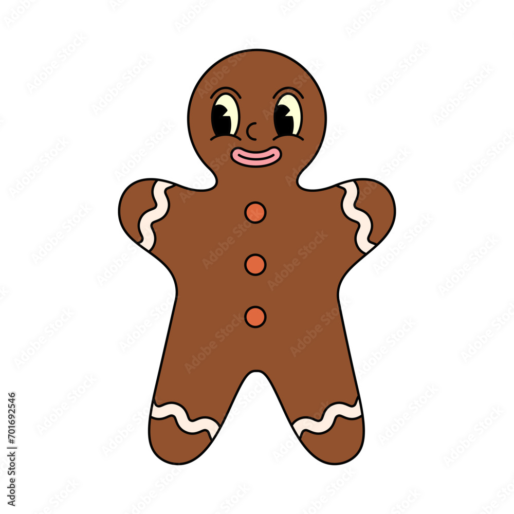 Vector pop art icon for new year. Chocolate man image for merry christmas greeting. Isolated xmas dessert with face. Sweet cocoa mascot. Funny badge in 80s style. Celebration and holiday theme Vector pop art icon for new year. Chocolate man image for merry christmas greeting. Isolated xmas dessert with face. Sweet cocoa mascot. Funny badge in 80s style. Celebration and holiday theme