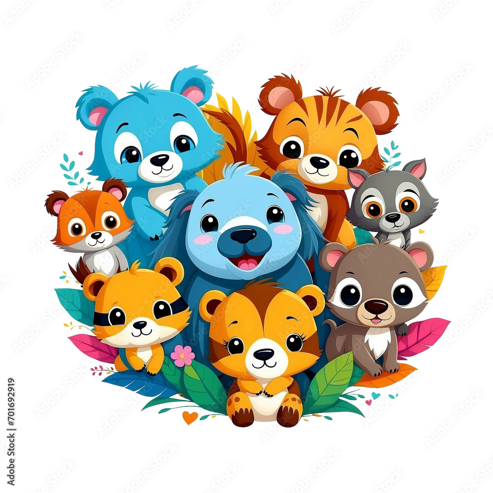 Naklejka premium Whimsical Wildlife Wonders, Playful kids animal tshirt design, vector graphic, colorful, adorable, cute, vector illustration, transparent background
