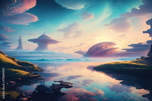 Futuristic landscape in blue tones, mechanical ships in the background, mountains and water, blue sky and white clouds. Generative AI. © Артем Шостак