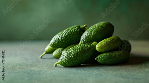 Fresh Green Finger Limes, Citrus Caviar on Textured Surface with Soft Background photo