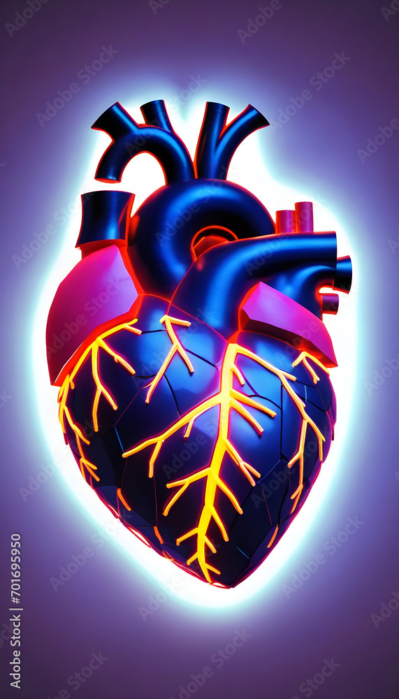 Human heart shape neon glowing light low poly style.