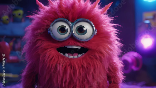 CGI! red germ monster character. Highly detailed. Scary but charming. gremlin. tribbles. minions. stop motion! purple and blue lighting!