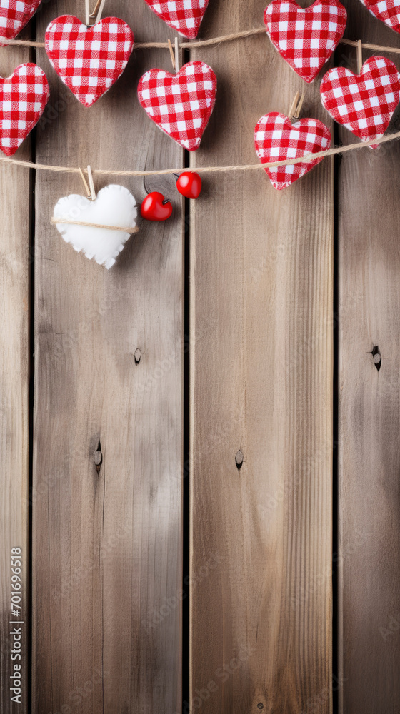 Valentine Gingham hearts with rope and clip hanging on rustic wood copy space background
