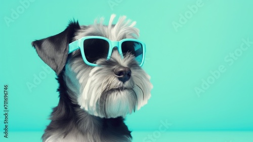 imaginative animal idea. Schnauzer puppy wearing sunglasses, isolated on a solid pastel background, editorial or commercial advertisement
