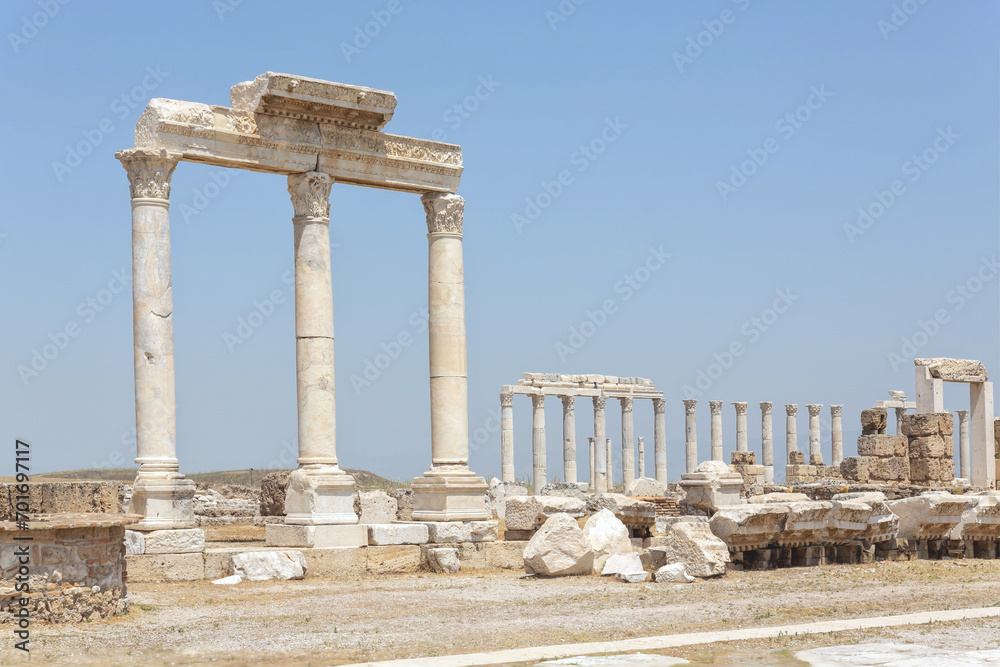 Panorama of ruins of Laodicea, ancient city in Asia Minor. Denizli, Turkey
