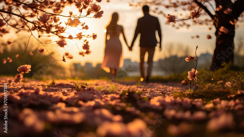 Couple in love walking through the blooming cherry blossom garden