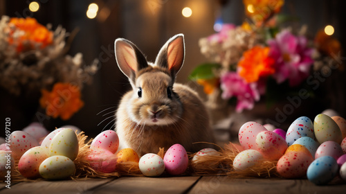 Easter bunny with colorful eggs on wooden background. Happy Easter.