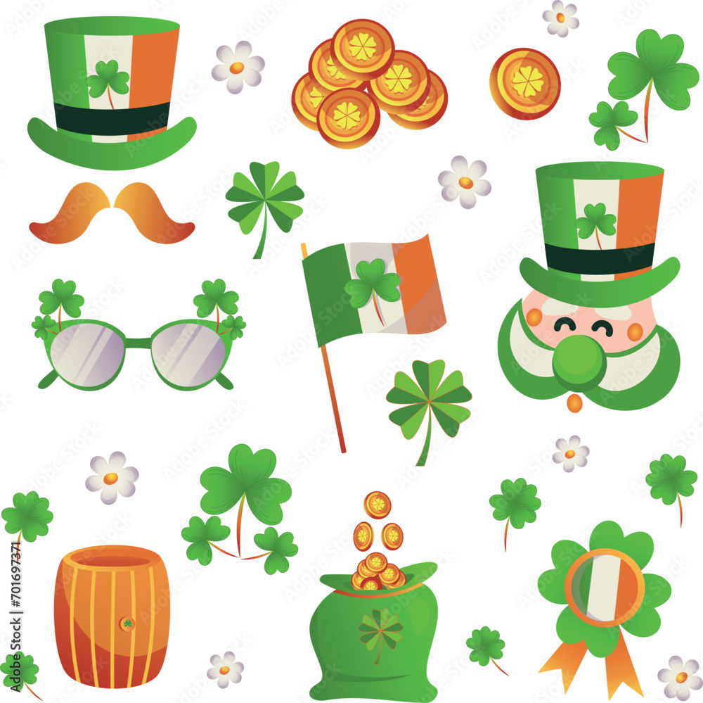 St. Patrick's day vector elements set isolated on white background. Flat cartoon style design element for party, sales, photo booth props: hat, coins, clover, glases, beer, flag. St. Patrick's day vector elements set isolated on white background. Flat cartoon style design element for party, sales, photo booth props: hat, coins, clover, glases, beer, flag.