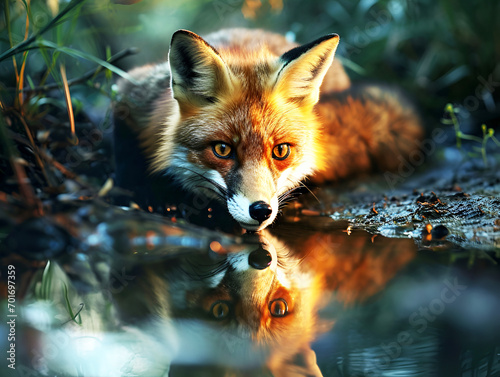 The portrait of a fox is reflected in the water