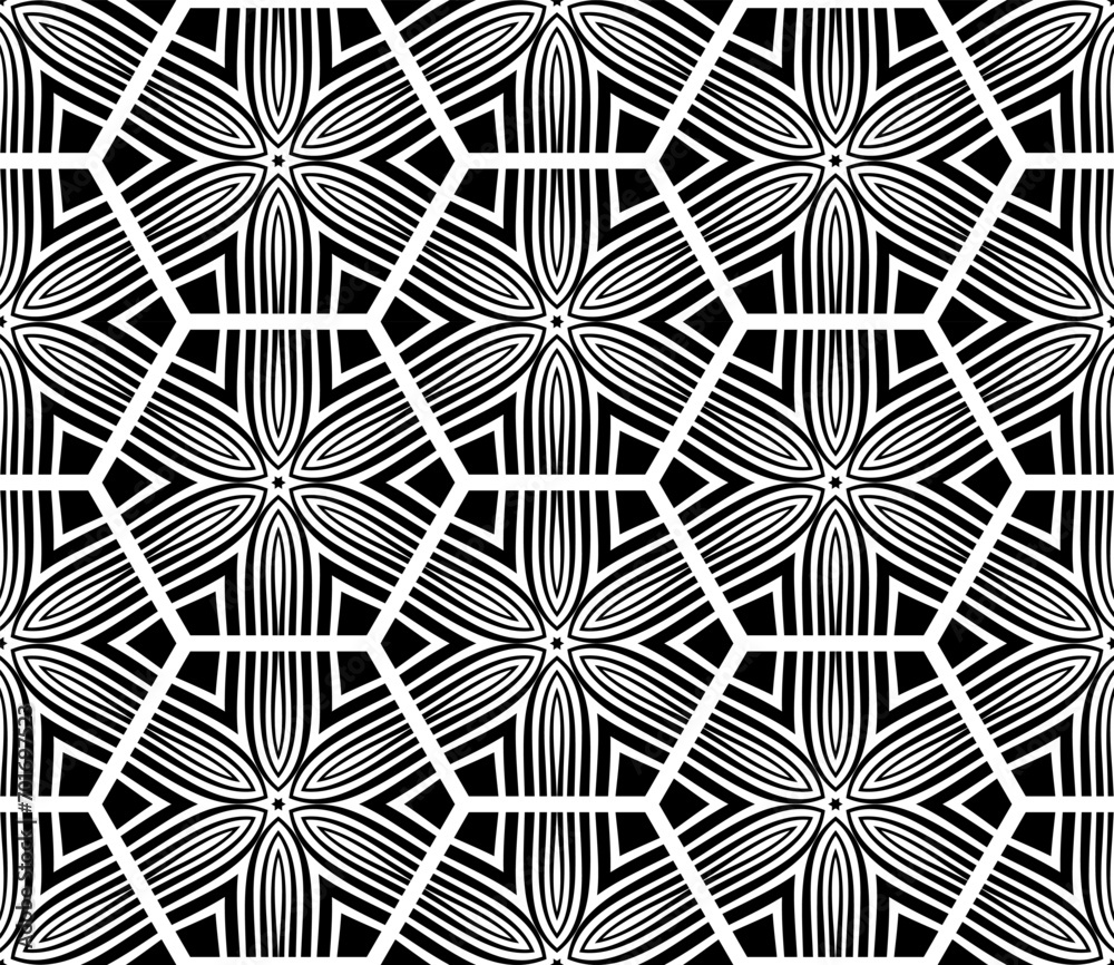 Abstract Seamless Geometric Hexagons Pattern. Black and White Texture.