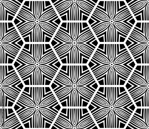 Abstract Seamless Geometric Hexagons Pattern. Black and White Texture.