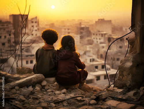 Palestinian arab young boy and his baby sister, sitting amidst the ruins in the golden hue of sunset. photo