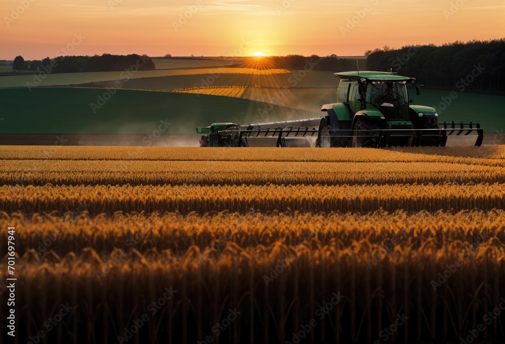 Fototapeta premium Agricultural work in the fields, wheat field, tractor collects wheat. Generative AI.