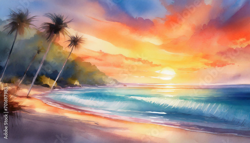Panoramic beach landscape. Inspire tropical beach seascape horizon. Watercolor art style