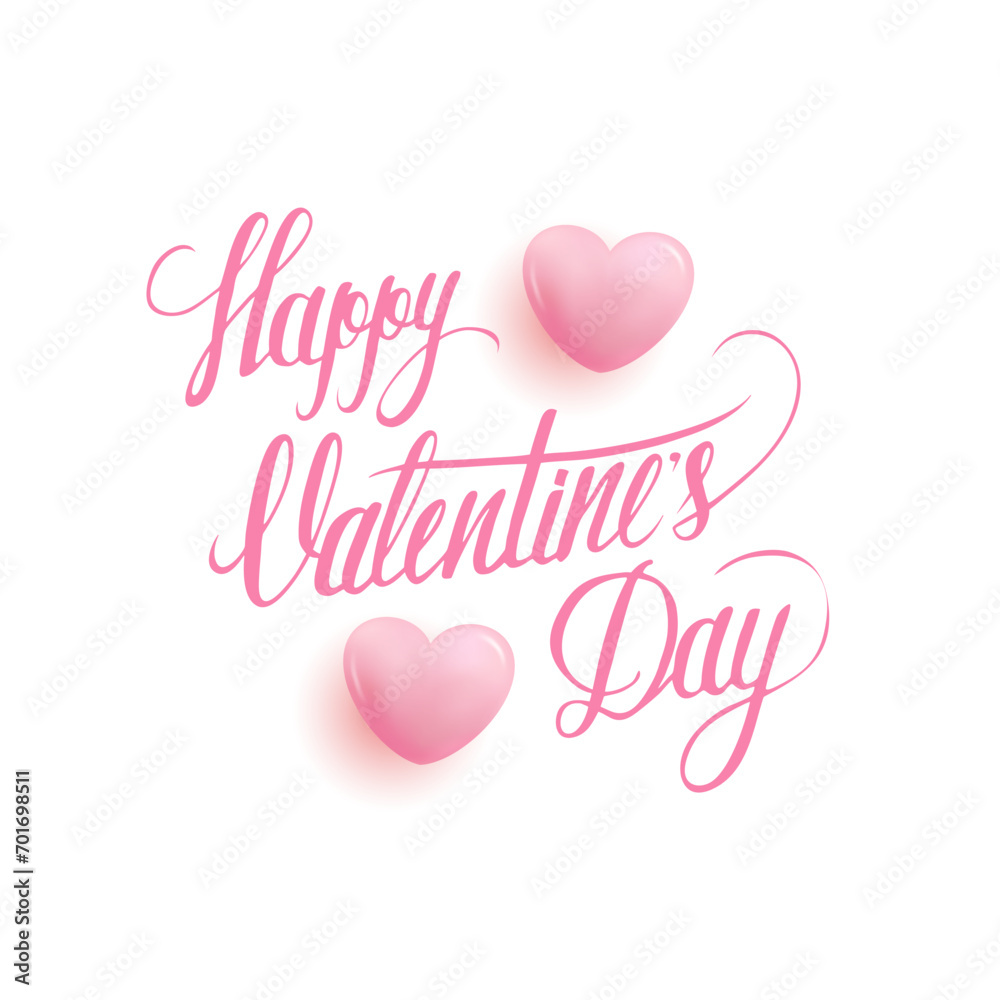 Happy Valentine's Day. Romantic festive hand lettering with 3d pink glossy hearts. Valentines Day holiday greetings. Vector Illustration.