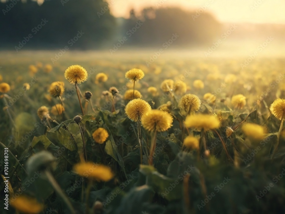 Dandelions in a field bathed in the warm glow of the sunset, creating a tranquil and scenic meadow.