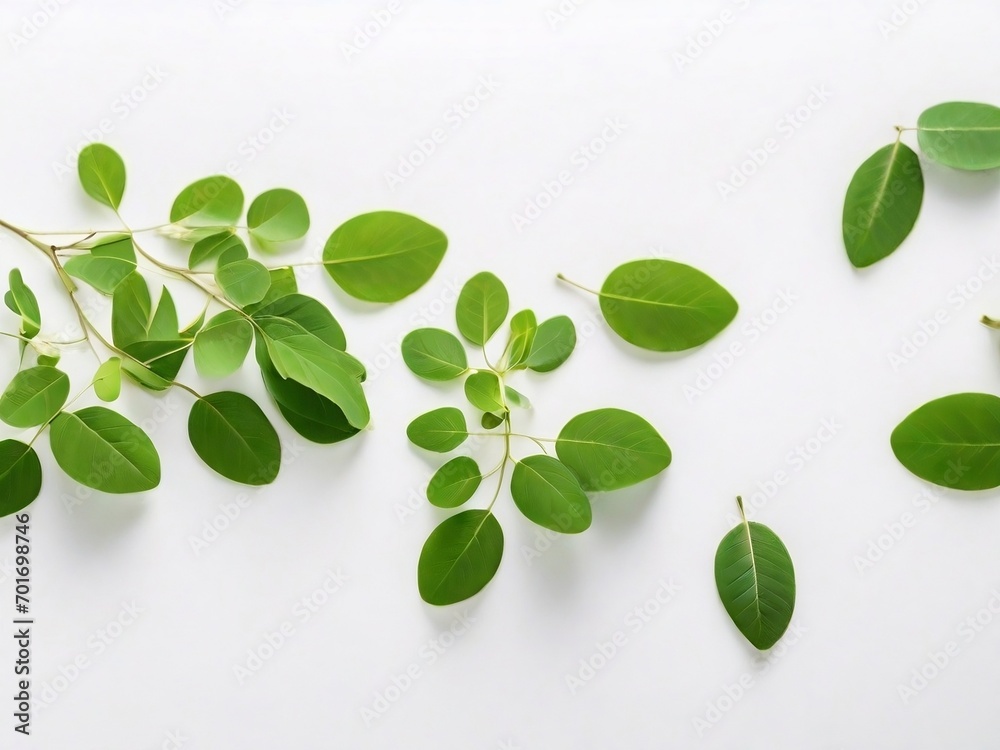 Vibrant herbal moringa leaves on a white background, showcase the freshness and natural health benefits of this nutrient-packed superfood Vibrant herbal moringa leaves on a white background, showcase the freshness and natural health benefits of this nutrient-packed superfood