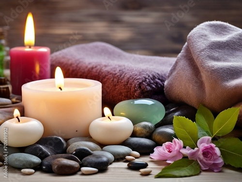 A serene spa setting with a grey background adorned with massage stones and exotic flowers, creating a tranquil and rejuvenating atmosphere.