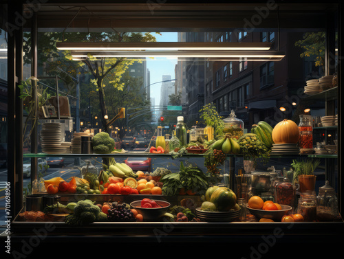 Lush deli window display with fresh produce overlooking city street. Urban harvest. Generative AI