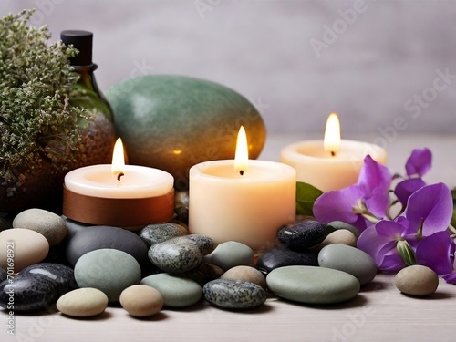 A serene spa setting with a grey background adorned with massage stones and exotic flowers, creating a tranquil and rejuvenating atmosphere.