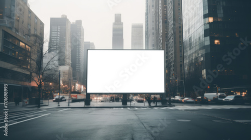 Large billboard at a busy city intersection, foggy morning and urban backdrop. Branding concept. Generative AI