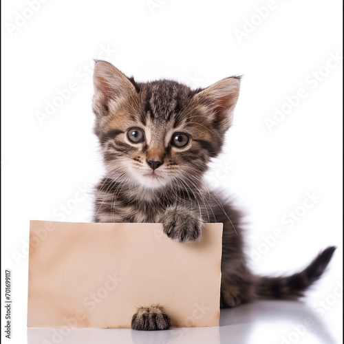 Adorable kitten holding a blank sign, space for copy