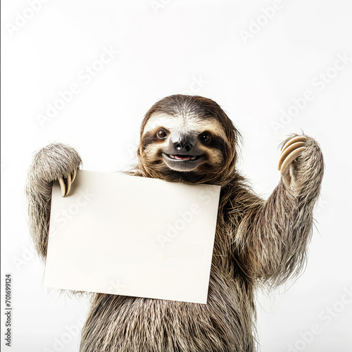 Joyful sloth olding a blank sign, space for copy photo