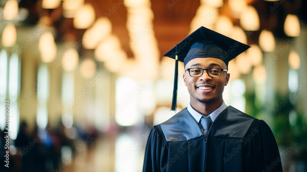 Smiling Black graduate in cap and gown, bokeh light background. Academic celebration concept. Generative AI Smiling Black graduate in cap and gown, bokeh light background. Academic celebration concept. Generative AI