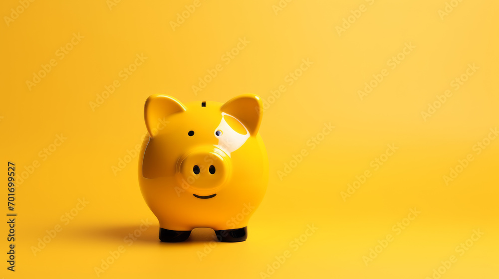 Yellow piggy bank on a matching yellow background. Savings and financial concept. Generative AI - obrazy, fototapety, plakaty 