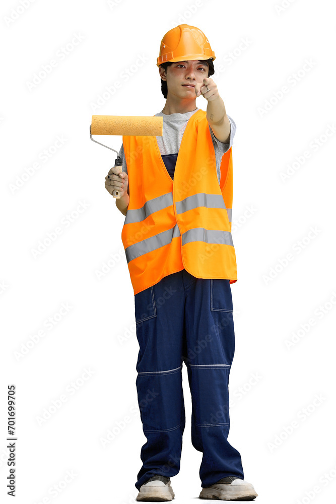 The guy is a builder, on a white background, in full height, pointing forward