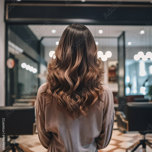 Back view of a woman with curly hairstyle .