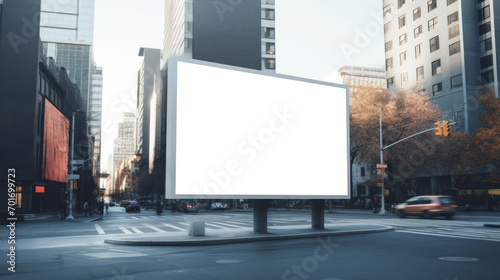 Empty billboard on a city street corner at sunset. Urban advertising and communication. Generative AI photo