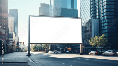 Blank advertising billboard on a busy city road with clear blue sky. Marketing and urban landscape. Generative AI