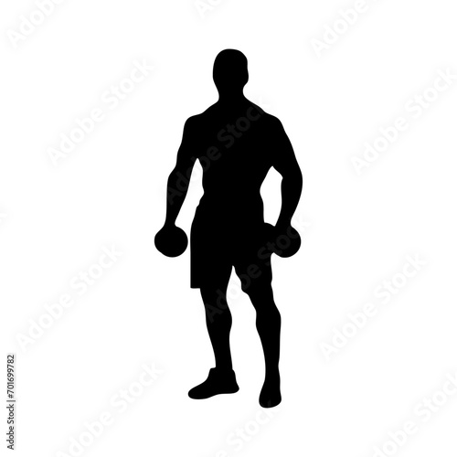 Logo gym fitness. Silueta de hombre musculoso culturista de pie con pesas