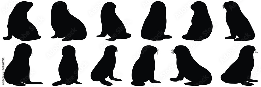 Monk seal silhouettes set, large pack of vector silhouette design, isolated white background - obrazy, fototapety, plakaty 