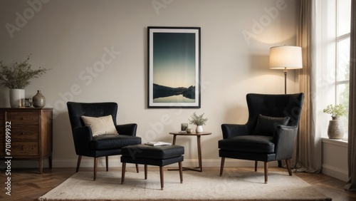 interior design living room with red chair and picture mockup on a wall and a black chair