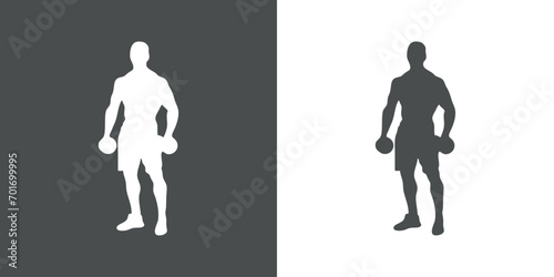 Logo gym fitness. Silueta de hombre musculoso culturista de pie con pesas photo