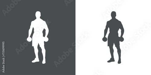 Logo gym fitness. Silueta de hombre musculoso culturista de pie con pesas