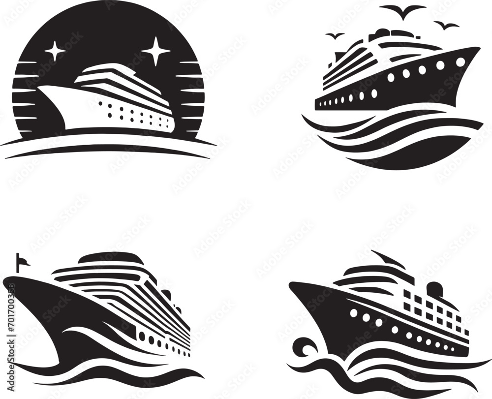 Set of cruise logo black and white vector - obrazy, fototapety, plakaty 