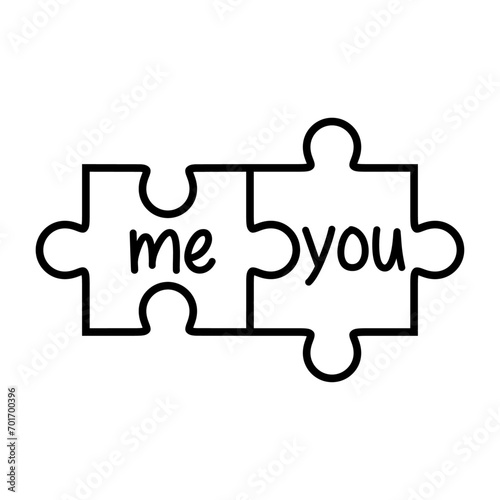 Logo del día de San Valentín. Texto manuscrito me and you en silueta de piezas de puzzle lineal unidas para su uso en felicitaciones y tarjetas