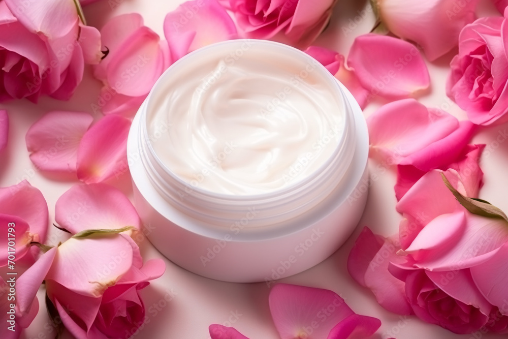 Pot of face cream surrounded with pink rose flower petals Pot of face cream surrounded with pink rose flower petals