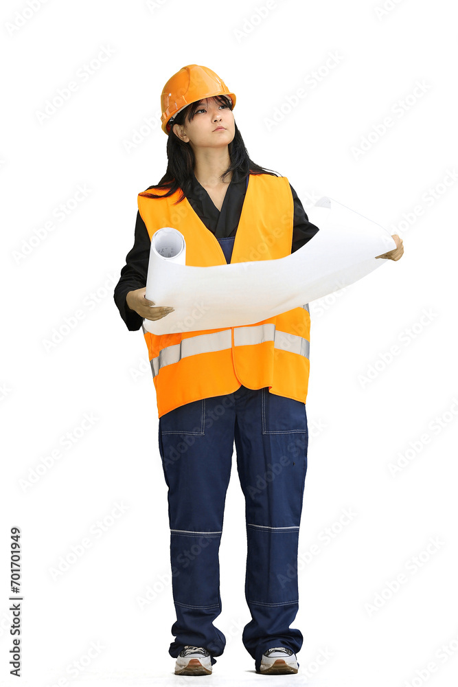 A construction girl on a green background, full-length, with drawings A construction girl on a green background, full-length, with drawings