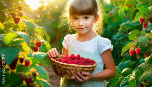 Mała dziewczynka z wiklinowym koszykiem pełnym malin, obok krzaki malin z owocami photo