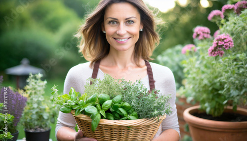 Woman with a basket full of herbs in the garden